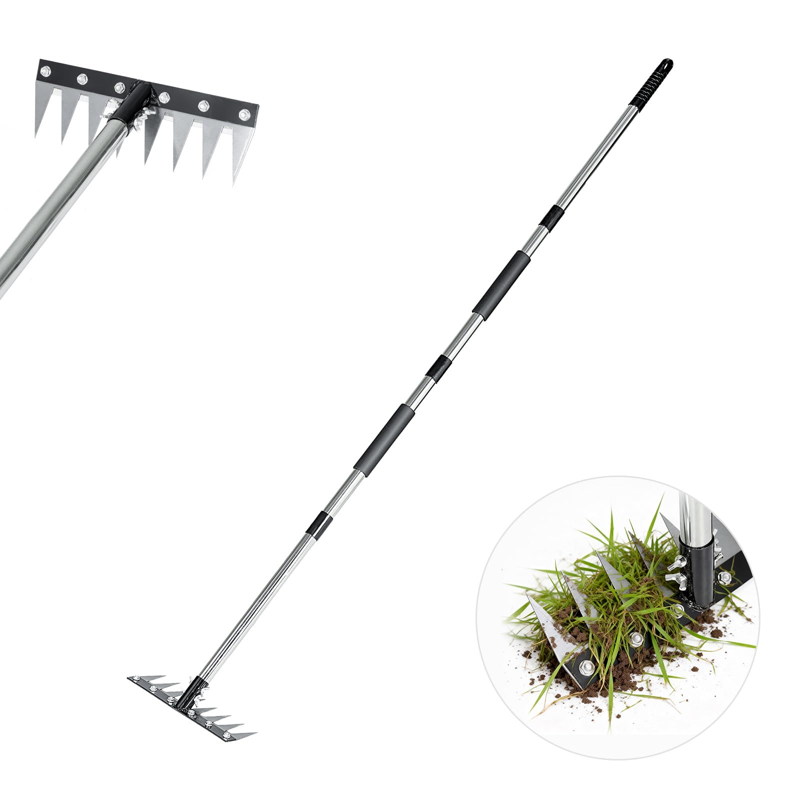 Stainless Steel Weeding Rake, 8-Tine Tool with Adjustable 4-Section Handle