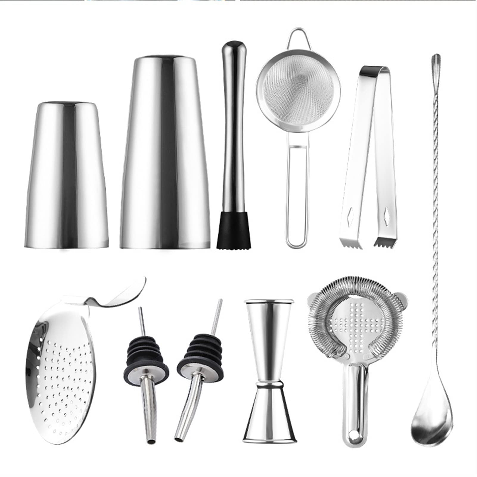 Utensilios de Cocina 11 Piezas Conjunto de coctelera Cóctel Boston Shaker Bartender Kit Coctelera ponderada Latas Colador Muddler Ice Tond Jigger Muddler Utensilios de Cocina (Color : Silver)