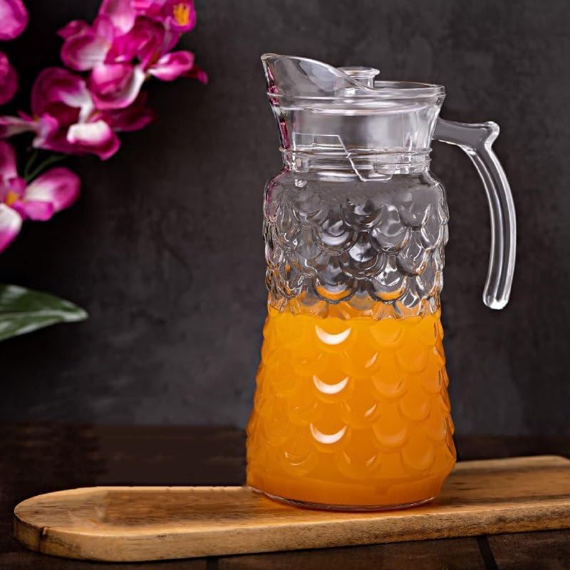 RAGYULA Glass Water Jug with Lid 1.7 L Transparent Crystal Clear Sturdy Glass jug, Pitcher for Hot Water, iced Tea, Juice, Cocktail, Mocktail, Beverages, for Dining Table (Fish Jug) -1 Pcs.