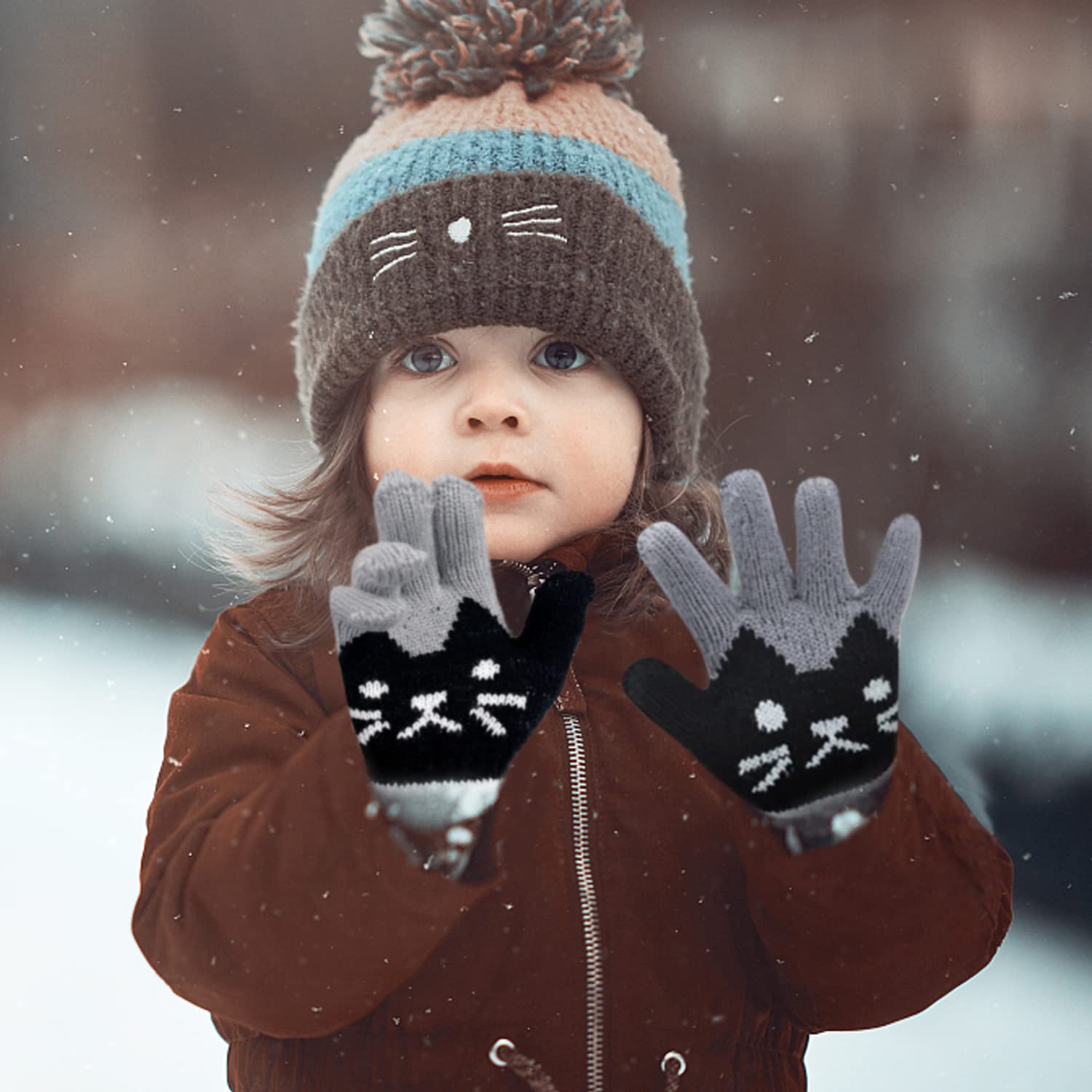3 paar süße Katzenhandschuhe mit Plüschfutter, Winterstrickhandschuhe, Skihandschuhe, warme Handschuhe, Cartoon-Handschuhe, für Kinder geeignet (hellblau, pink, schwarz) Fashion