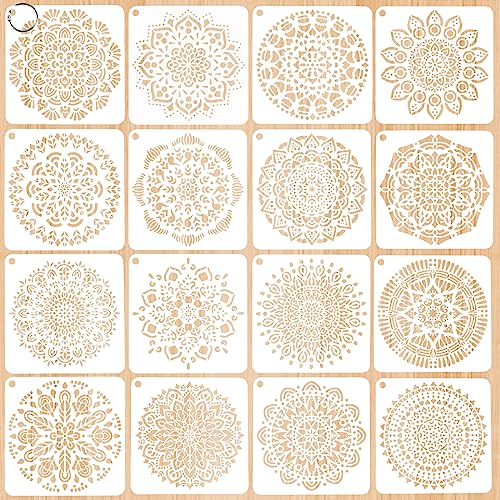 16 Stück Mandala Schablonen, Wiederverwendbare Malerei Vorlage Zubehör, Blumen Handwerk Scrapbooking Stencils Set, Airbrush Schablonen Wandgestaltung, für Malen auf Holz Stoffen Boden Möbeln