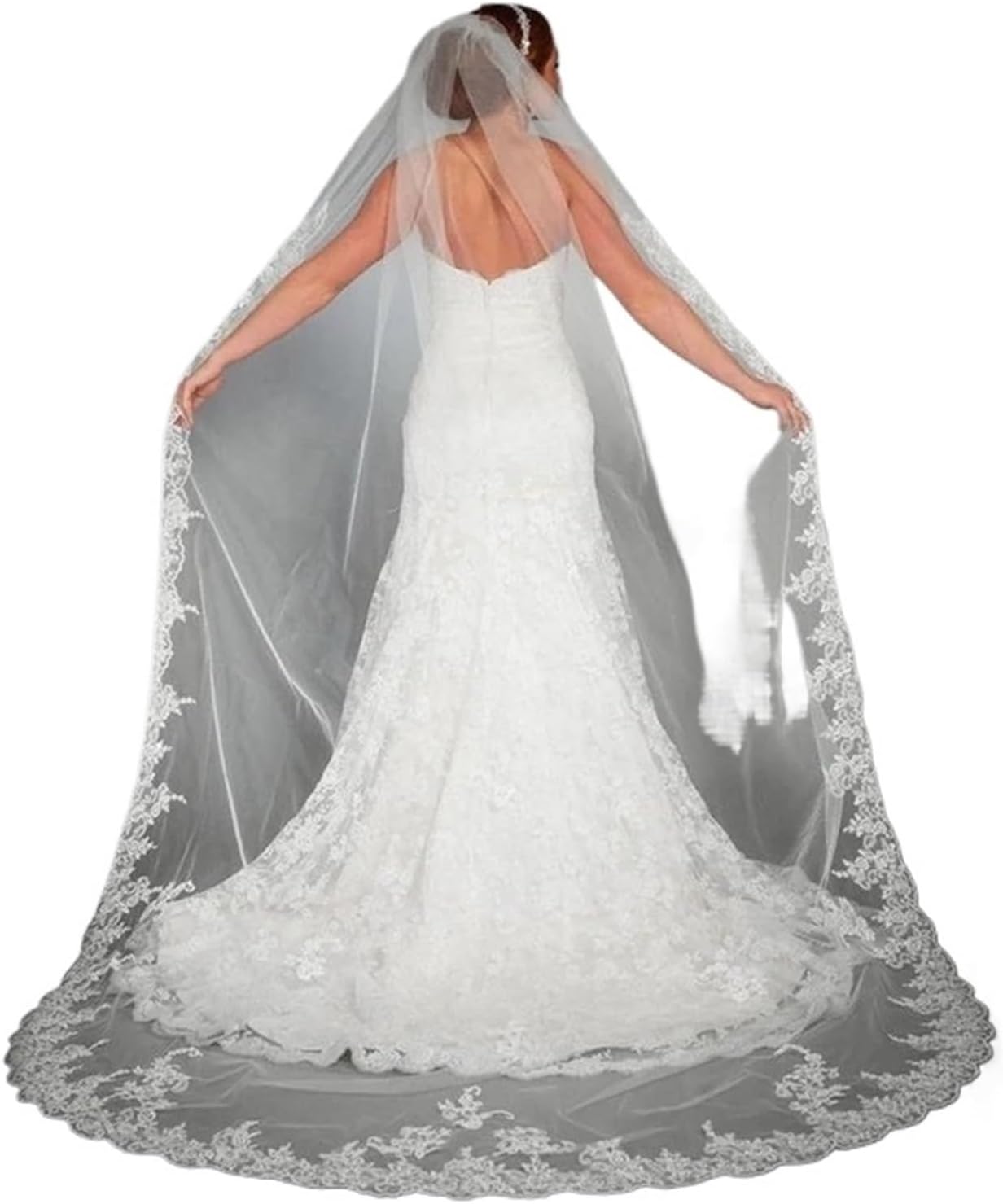 270cm Long Applique Bridal Veil - 1-Layer Cathedral Veil, White Wedding Accessory