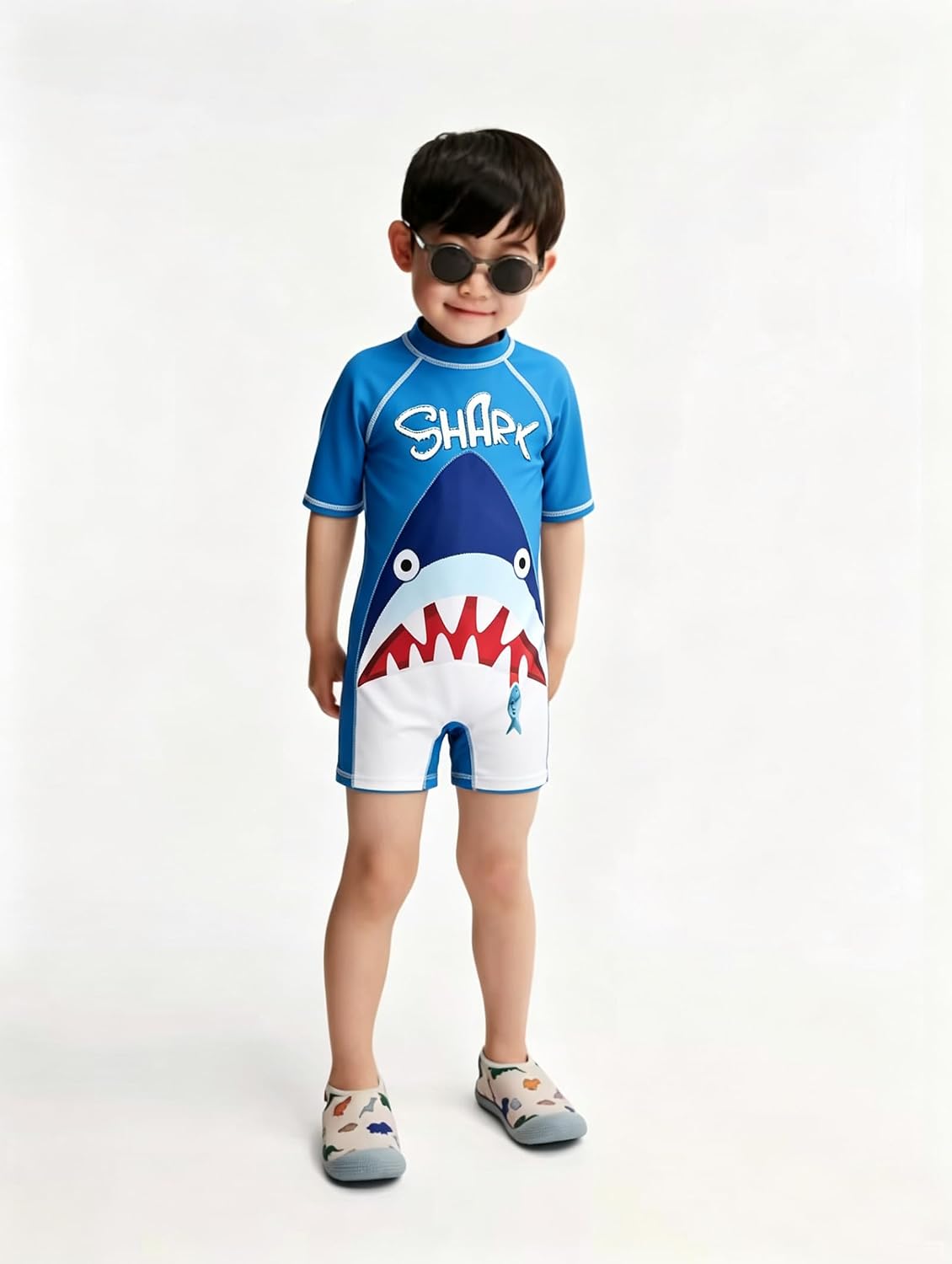 Baby Boys Two Piece Swimsuit Dinosaur Bathing Suit SPF Swim Shirt & Trunks Kids Rash Guard Shorts with Swim Cap