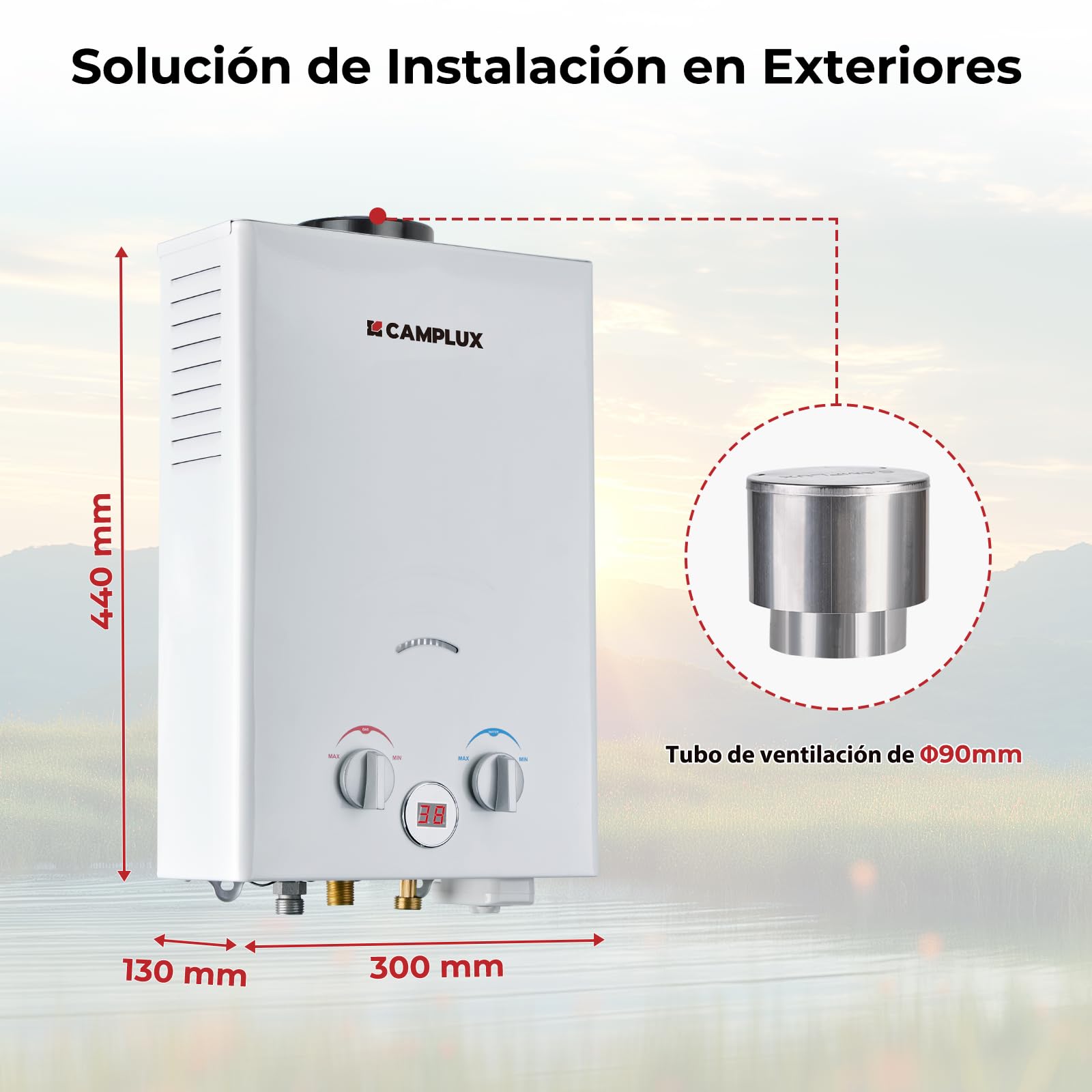 Camplux BW158C Calentador de agua instantáneo de gas con cubierta de lluvia, Tankless LPG Calentador de agua portátil 6 l, 12 kW, 50 mbar, para camping, ducha de caballos