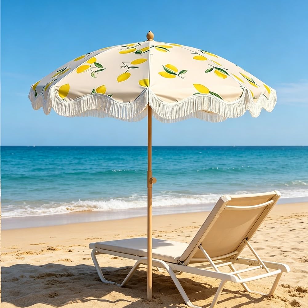 Sombrilla de Jardín de 200 Cm, Inclinable y con Borlas; Sombrilla de Playa con Estampado de Limones, Protección UPF 50+, para Patio o Piscina
