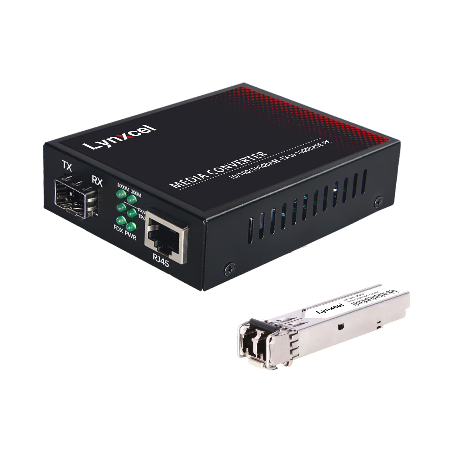 Lynxcel Gigabit Ethernet Media Converter showing RJ45 and SFP ports with LED indicators.