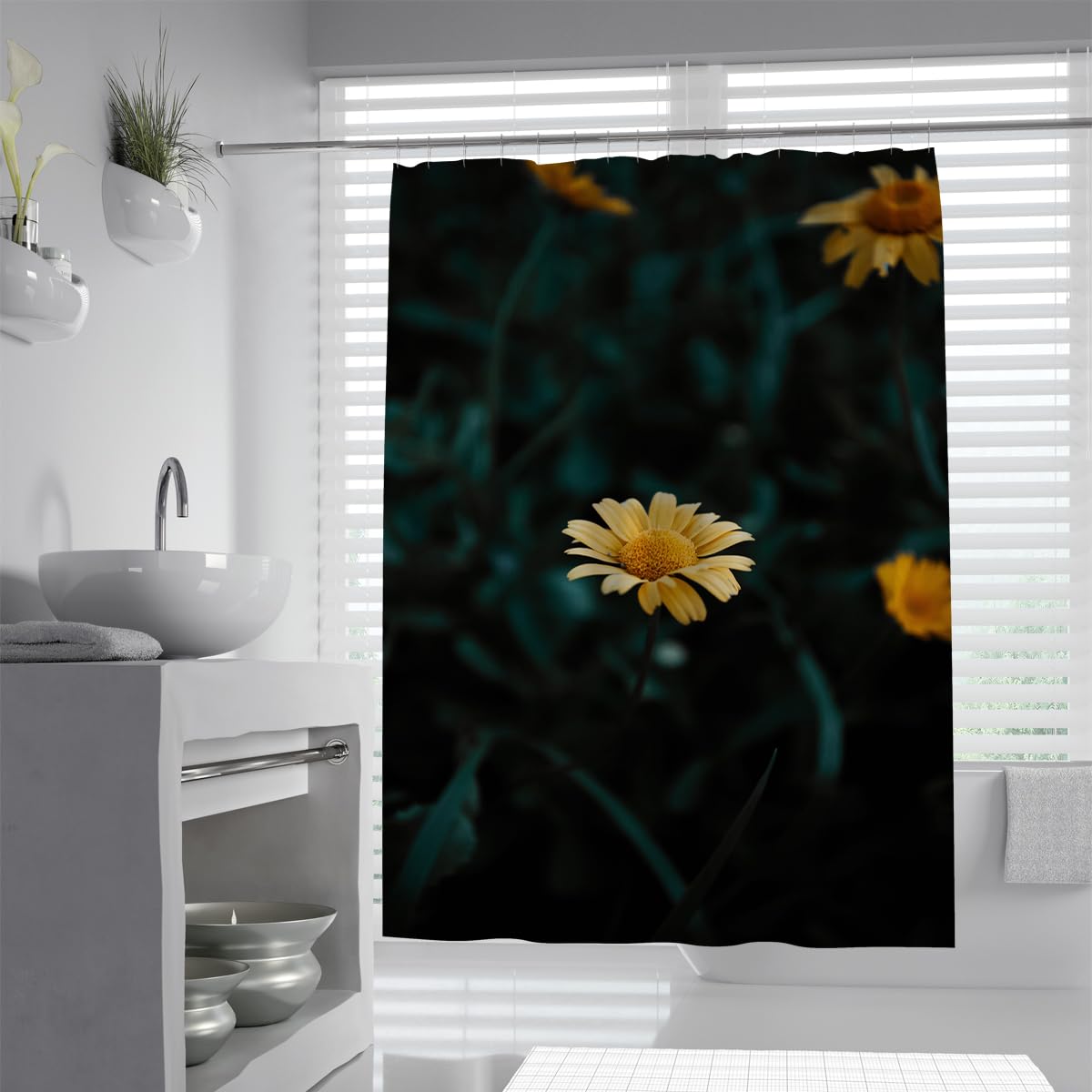 UIRINGART Yellow Daisy Floral Shower Curtain W200xL200cm Dark Mood Botanical Aesthetic Waterproof Mildew Resistant Bathroom Curtain with Hooks