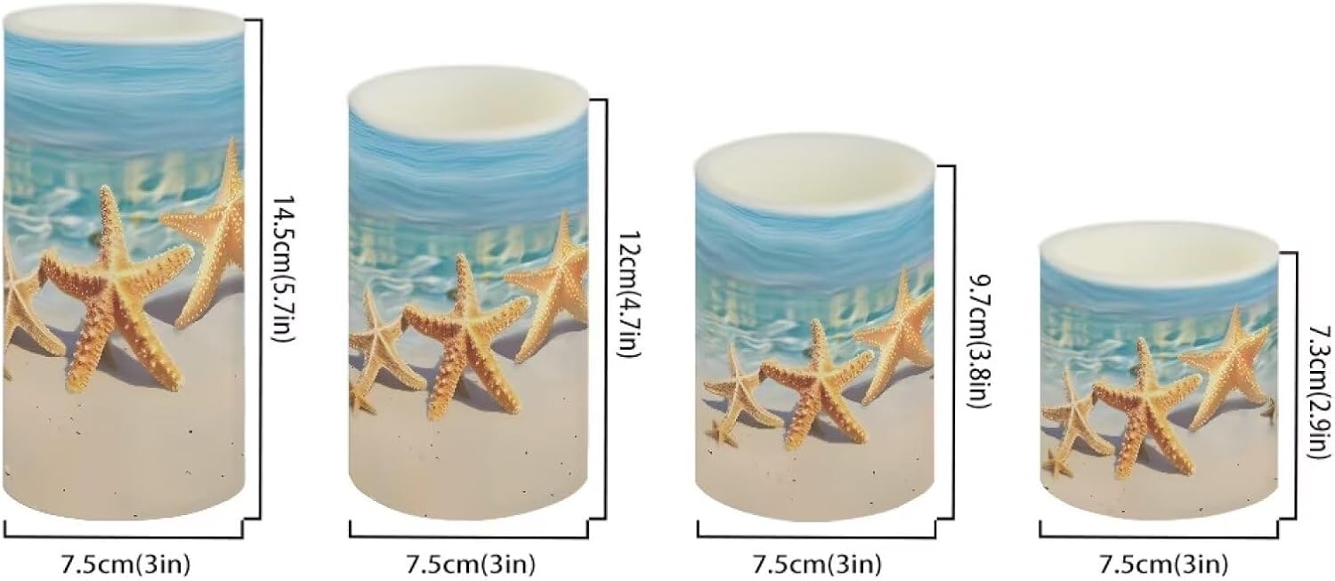Battery Operated Tea Lights Candles with Timer, Flickering Flameless LED Pillar Color Changing Candles with Remote for Beach Coastal Decor Beach Starfish Blue, Set of 4
