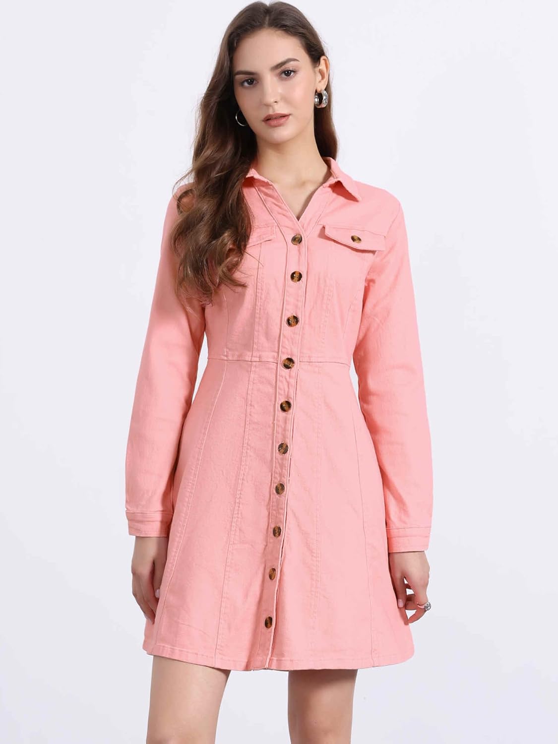 Allegra K Women’s Denim Dress Button Down Collar V Neck Long Sleeve A-line Cotton Jean Dress