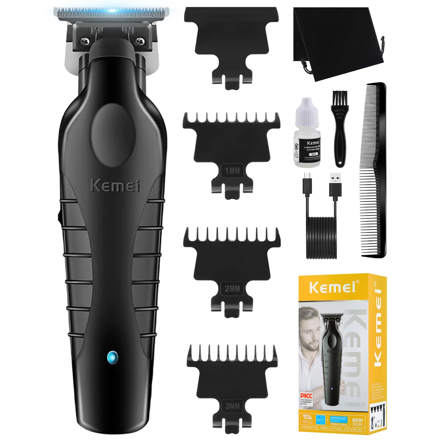 KEMEI 2299 Professional Hair Clipper for Men, Cordless Electric Beard Trimmer Men, Zero Gapped T-Blade Hair Trimmer with 3 Guide Combs