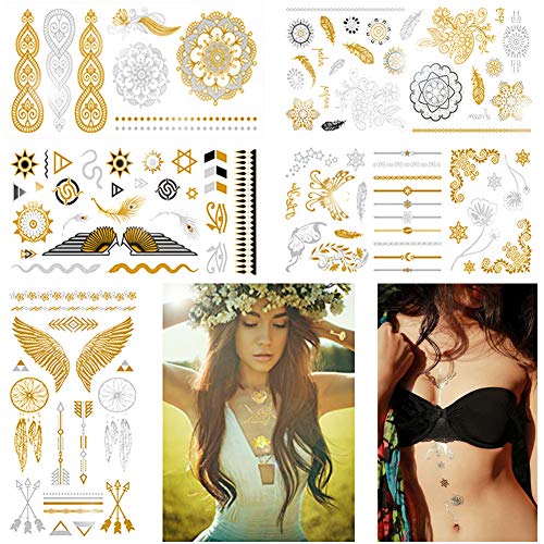 Boho Metallic Henna Tattoo Kit - 5 Sheets Flash Gold and Silver Waterproof Temporary Tattoo for Women, Glitter Shiny Egyptian Mandala Tattoo - 75+ Long Lasting Fake Tattoos Stickers