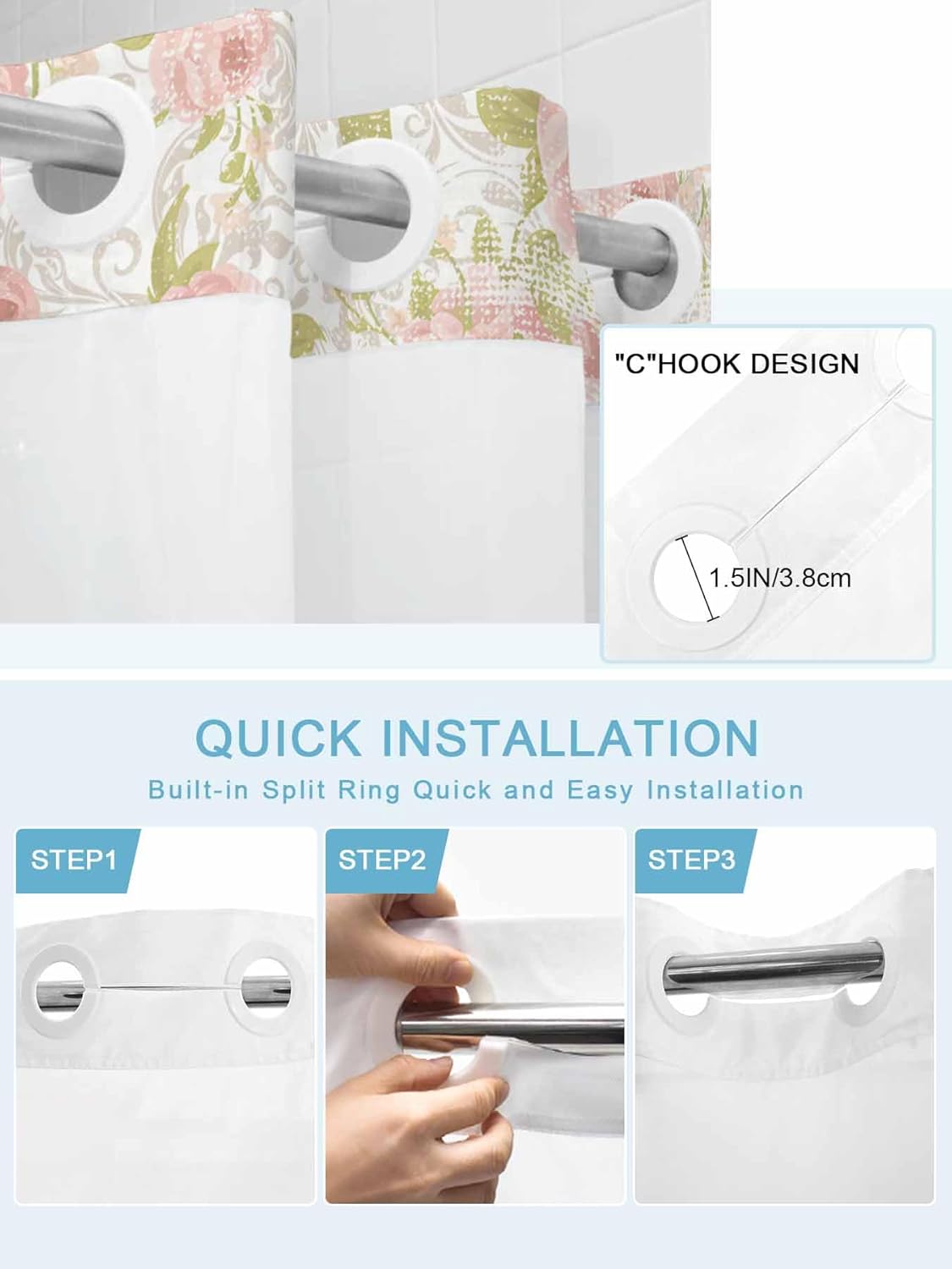 No Hook Shower Curtain, Pink Flowers Long Bathtub Curtains with Snap in Liner, Country Botanical Floral Leaves Romantic Waterproof Washable Fabric Shower Curtain Set, 72" x 84"