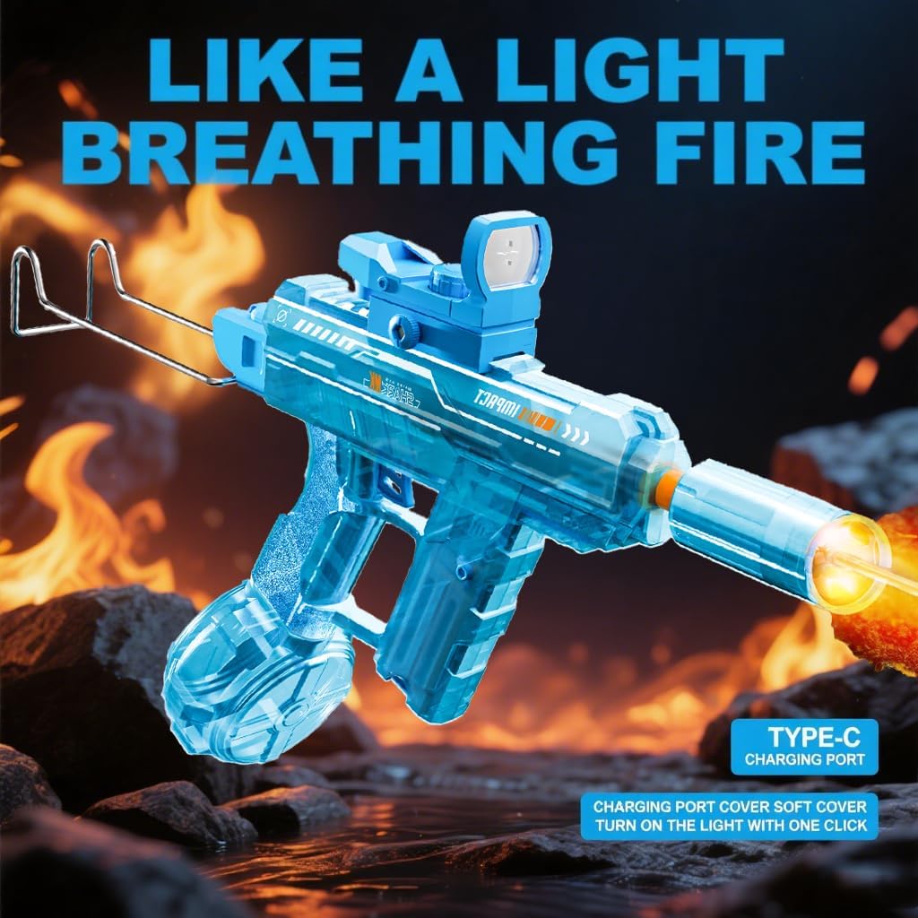 Adult & Kids Electric Water Guns. Fully Automatic Electric Water Gun with Rechargeable Battery. LED Flame Muzzle. Suitable for Outdoor Beach Games and Party Gifts in Summer. (Blue)