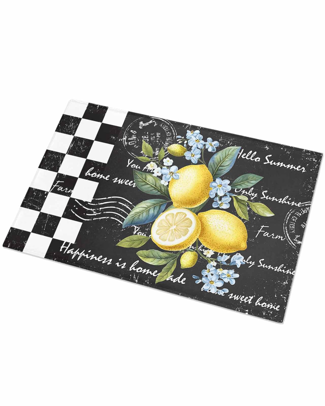 Indoor Doormat Summer Tropical Lemon,Shaggy Floor Mat with Non-Skid Backing Retro Black and White Buffalo Plaid,Machine Washable Plush Area Rug Carpets for Kitchen Nursery Bedroom