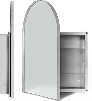 SogesPower 36x24 Silver Medicine Cabinet with Mirror for Bathroom,Arched Recessed Medicine Cabinet with 2 Adjustable Shelves, Wall-Mounted Metal Bathroom Mirror with Storage