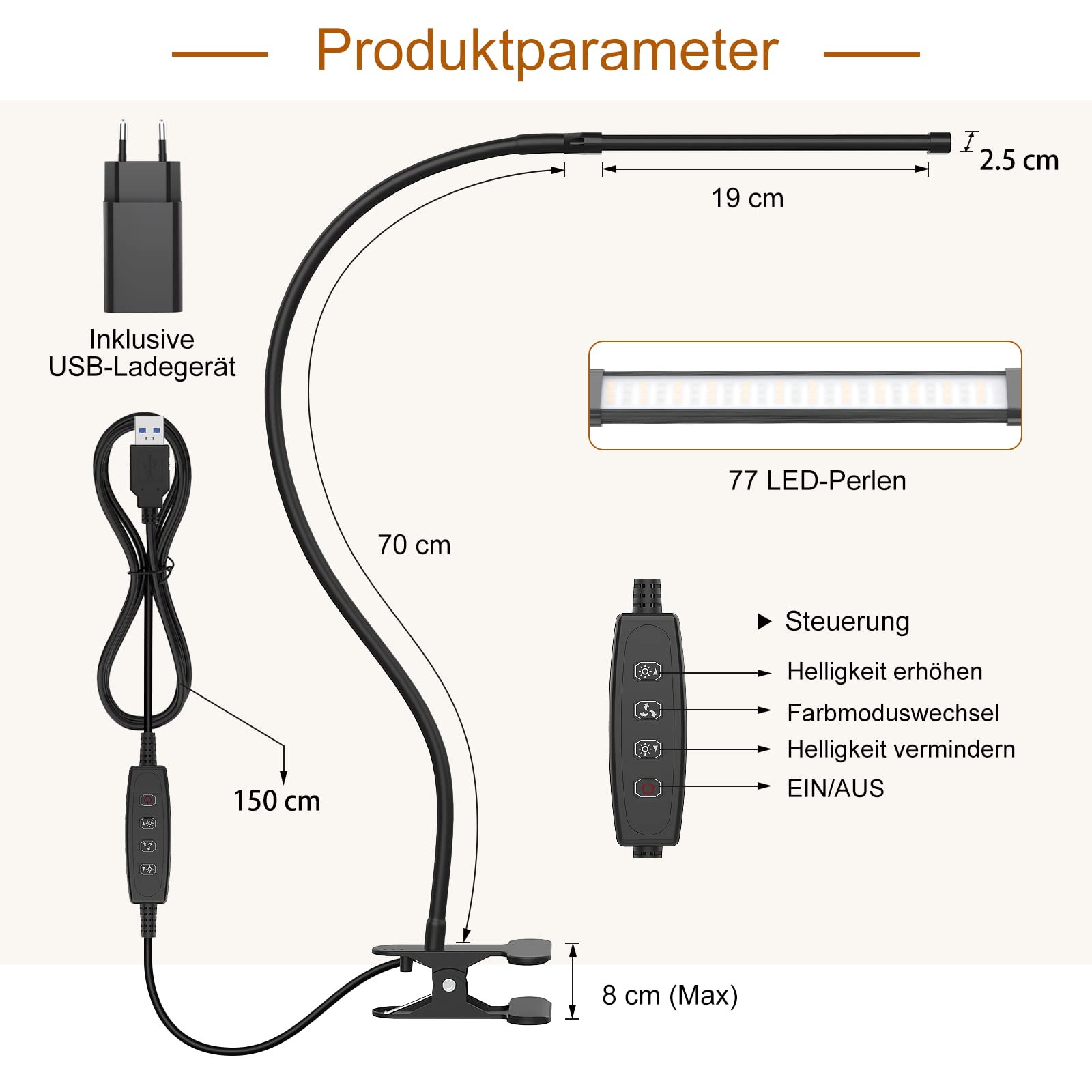 iZELL Lampa biurkowa LED 77 - ściemniana, 3 temperatury barwowe, 10 poziomów jasności, elastyczna gęsia szyja, ładowarka USB, czarny plastik