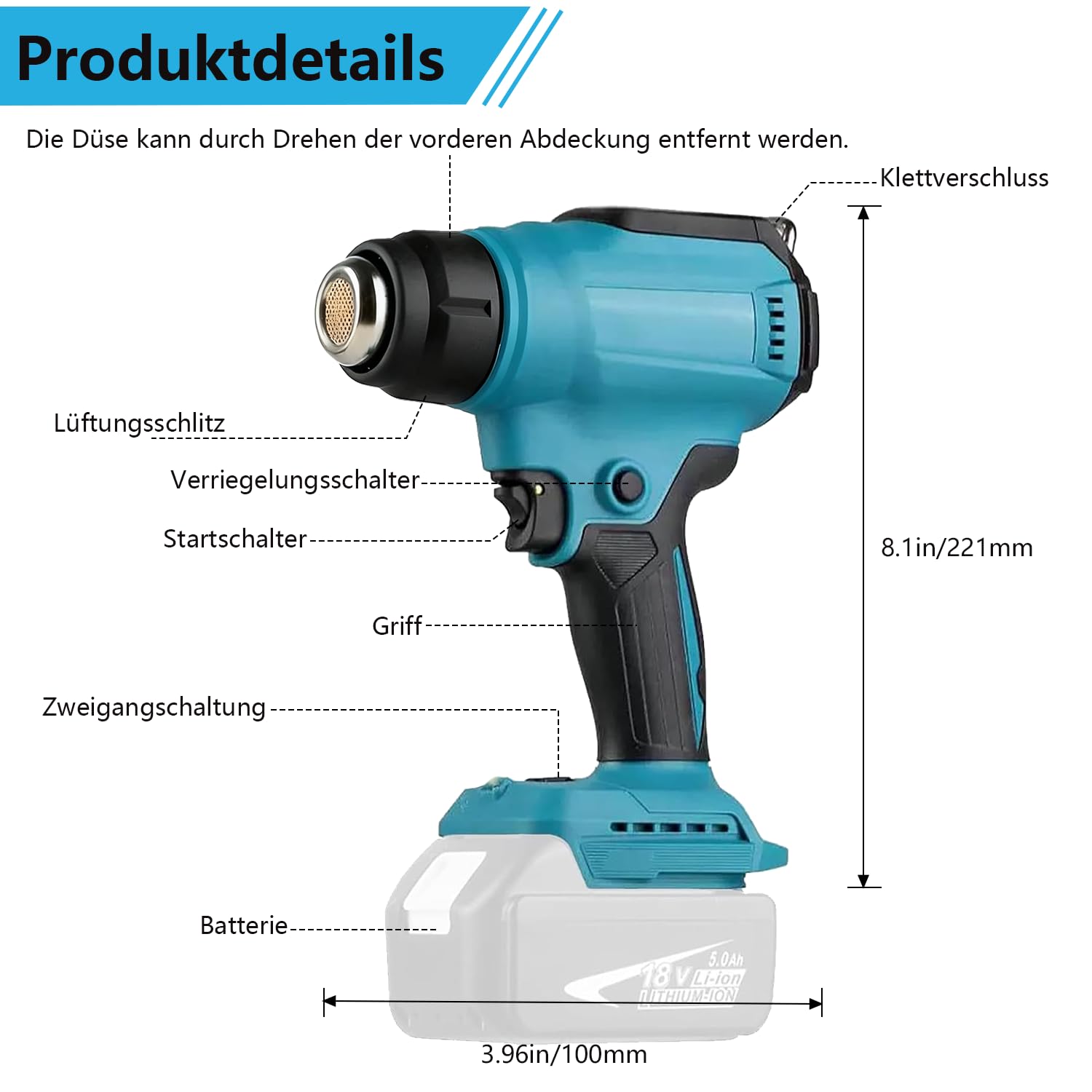 Pistola ad aria calda a batteria per Makita da 18 V (senza batteria), pistola ad aria calda con 4 ugelli, pistola ad aria calda a batteria per saldatura, piegatura di tubi, rimozione della vernice