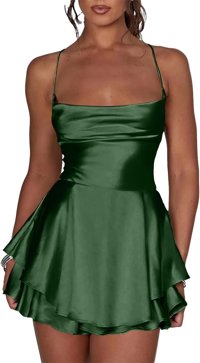 Verngo Satin Short Homecoming Dresses Spaghetti Strap A Line Ruffle Mini HOCO Dress for Teens