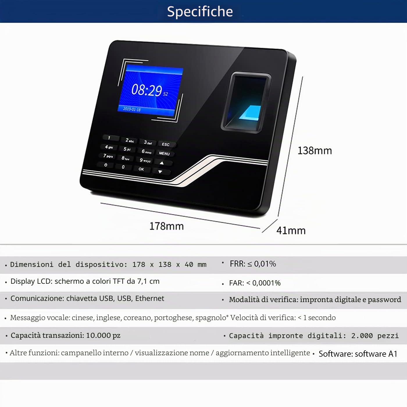 Aktivstar Machina Assistenza Dipendenti di registrazione con Lettore Impronte Digitali