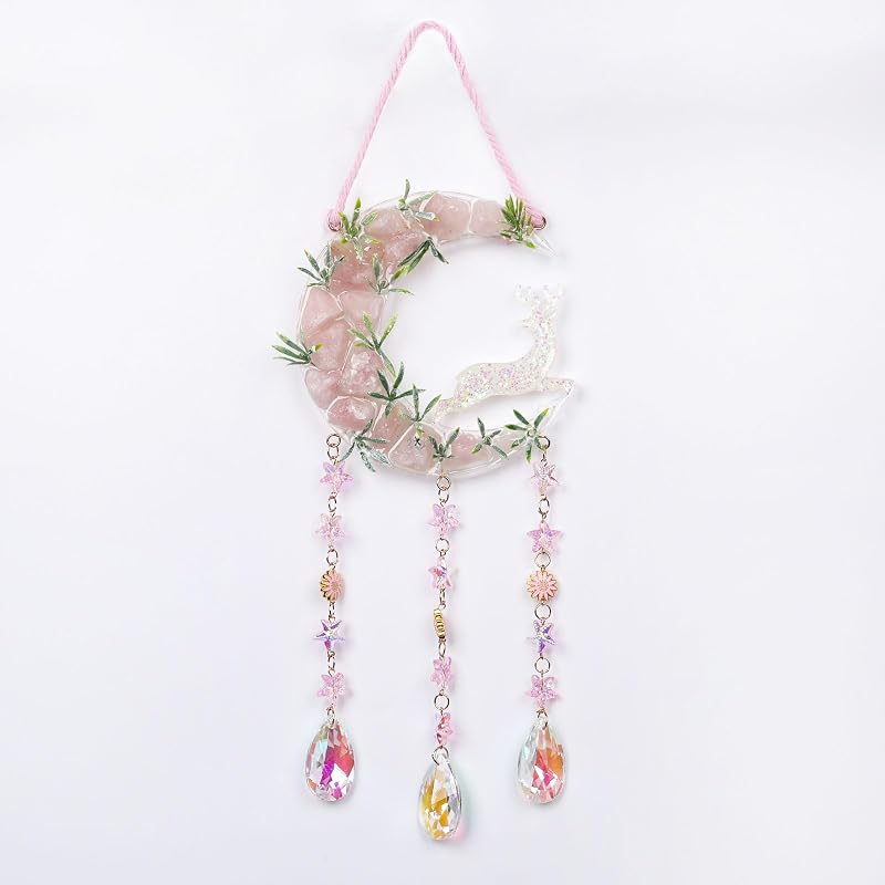 Fairy Pink Forest Deer Crystals Dream Catchers Christmas Gemstone Sun Catcher with Star&Flowers Ornament Handmade Dreamcatcher Wall Decor for Adults Boys Girls Bedroom Wedding Garden Bless Gift