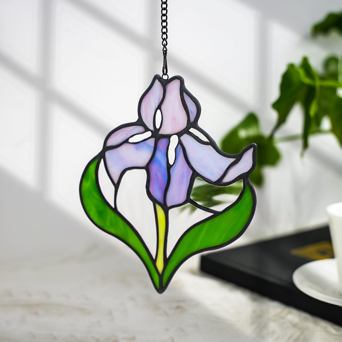 HAOSUM Iris Flower Stained Glass Window Hangings,Iris Flower Gifts for Women,Artificial Flowers Stained Glass Suncatcher for Window, for Mom