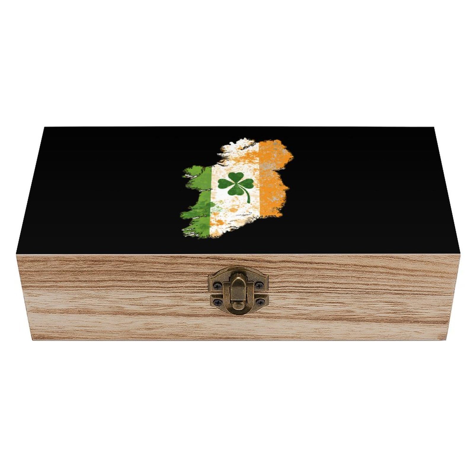 HLBSDM Irish Ireland Map Flag Clovers Wooden Storage Box Craft Memory Keepsake Treasure Chest Box Jewelry Organizer