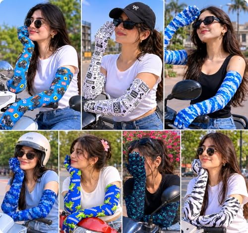 Image of Khillayox Cotton Sun Protection Printed Full Hand Long gloves for Women| UV Protection Sleeves Perfect for Cycling, Driving, Running, Football & Outdoor Activities- Pair of 1