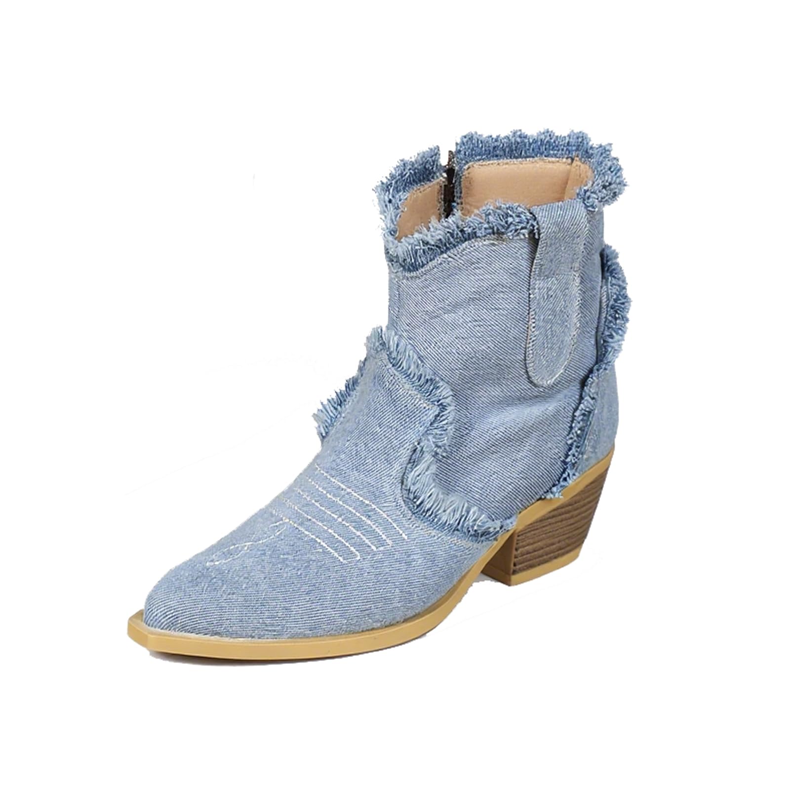 Womens Denim Embroidery Western Ankle Boots with Side Zipper Fashion Comfort Pointed Toe Stack Chunky Heel Cowboy Booties