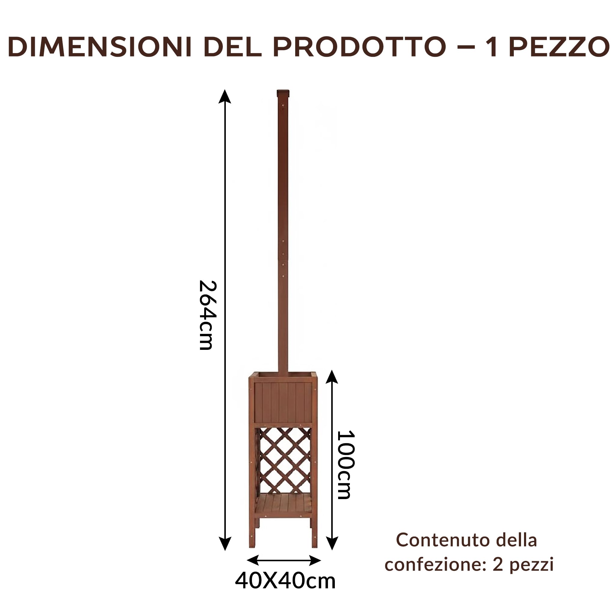 Set di 2 Pali per Catene Luminose da Esterno con Fioriera, Altezza 264cm, Legno Massiccio Resistente alle Intemperie & Antivento, Supporto 3-in-1 per Giardino, Terrazzo & Matrimoni (Senza Decorazioni)