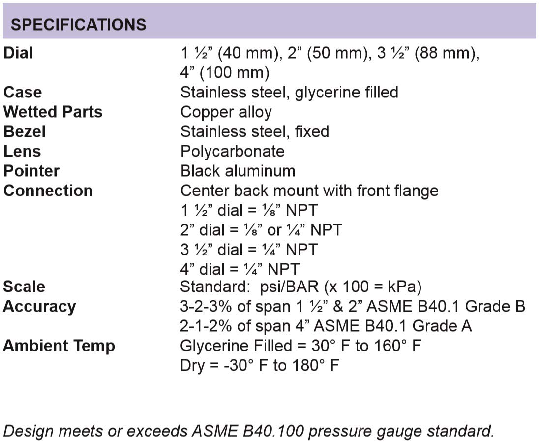 PIC Gauges 204L-404V Front Flanged Panel Mount Glycerine Filled Pressure Gauge w/ SS Case/Bezel, Brass Internals, PC Lens, 4" Dial, 0/15000 psi Range, 1/4" Male NPT