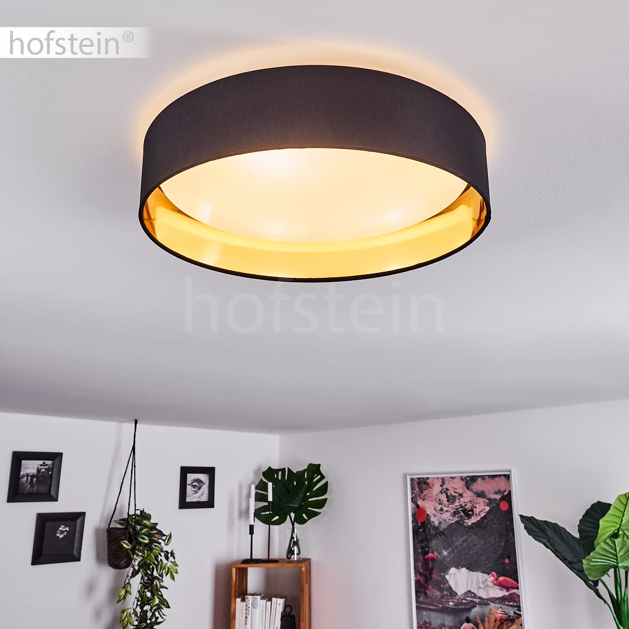 HOFSTEIN LED Deckenleuchte Elsa, moderne Deckenlampe aus Metall/Stoff/Kunststof in Schwarz/Goldfarben/Weiß, Leuchte mit Stoffschirm Ø 38 cm, 2100 Lumen, 3000 Kelvin, 24 Watt, Wohnzimmer, Schlafzimmer