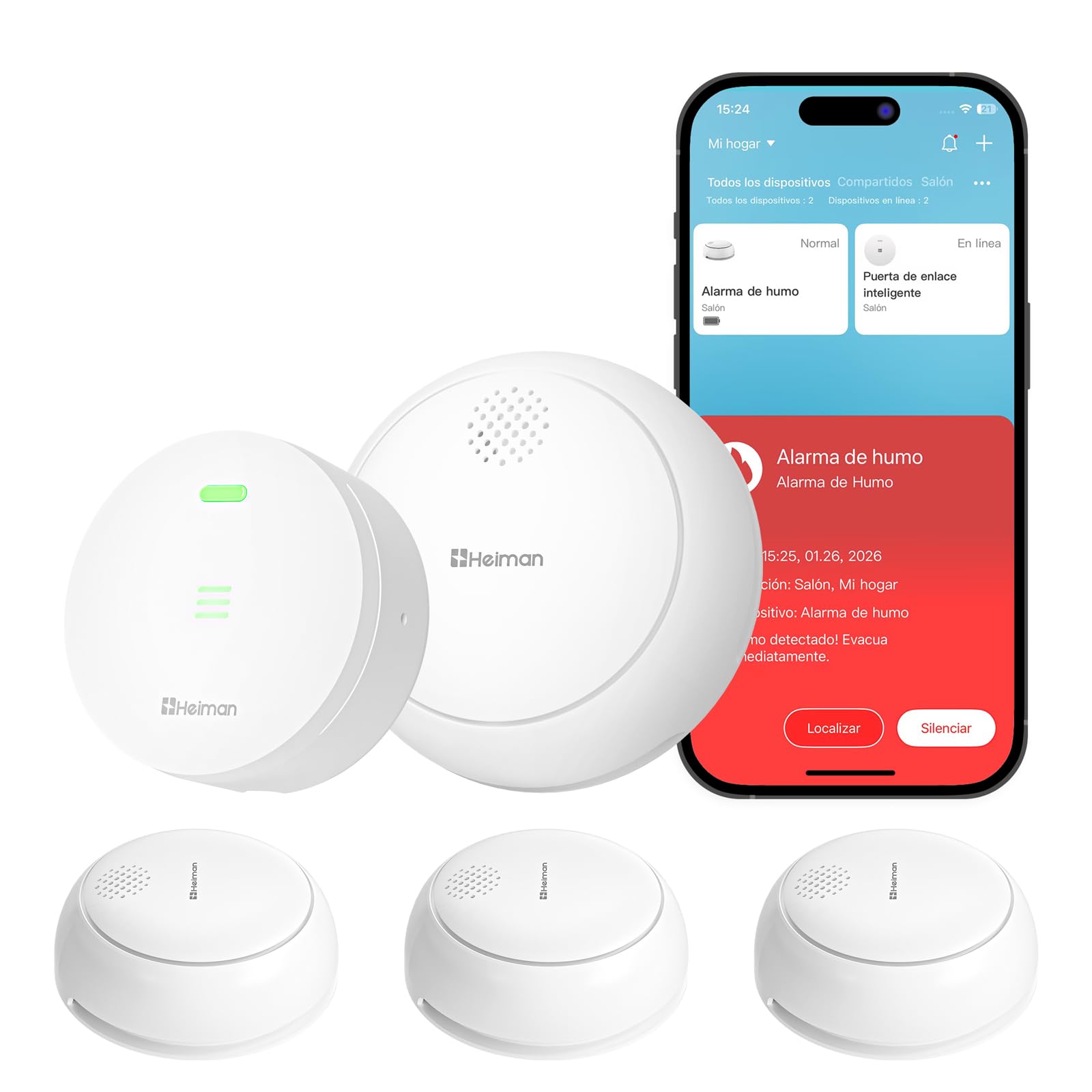 Heiman Detector de Humo Inteligente – Set de 3 con Gateway y Control por App, Batería de 10 Años, Q-Label y EN 14604, Detectores de Humo Inalámbricos Interconectados con Soporte Magnético, Blanco