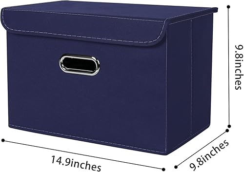 Miniatura 2 de SEVENDOME Cubo de almacenamiento plegable de tela de lino con tapa, asas de cuero, divisor extraíble para el hogar, armario, azul marino, 3 unidades