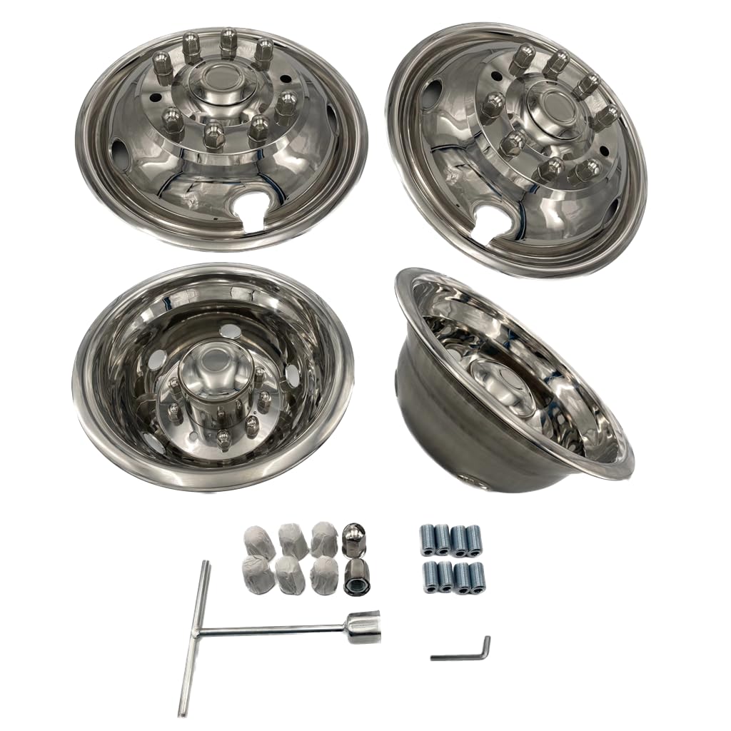 JOHNWELL Hubcap Kit Compatible with 2005-2021 Ford Super Duty F450/ F550 Dually Trucks 19.5 Inch 10 Lug and 5 Hand Holes Stainless Steel Front and Rear Wheel Simulators 4 PCS a Set
