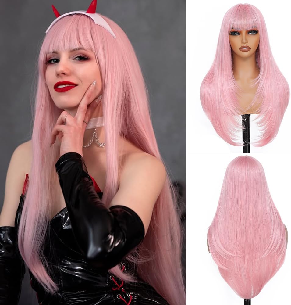 Pink Wig-Long Straight Wigs for Women,28 Inch Glueless Bang Wig Synthetic Hair,Light Pink Color Womens Wigs for Cosplay Party Halloween (Pink)