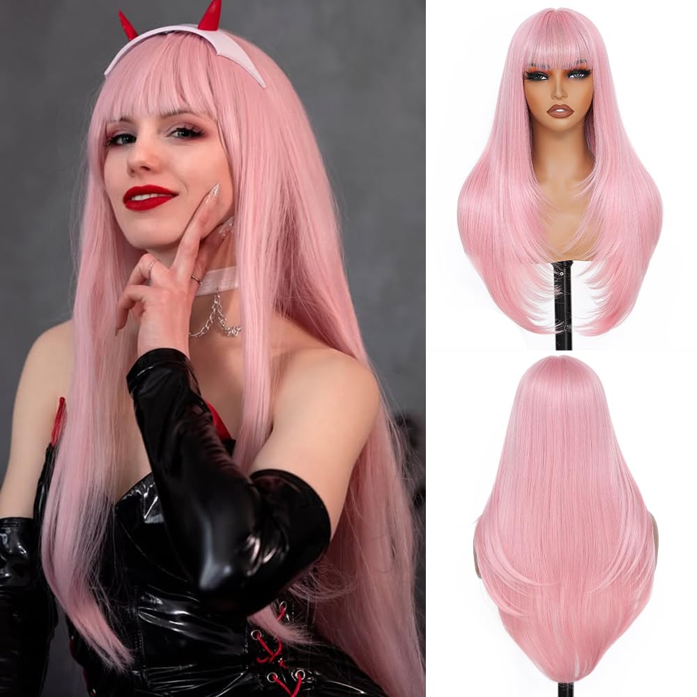 Pink Wig-Long Straight Wigs for Women,28 Inch Glueless Synthetic Hair,Light Pink Color Womens Wigs for Cosplay Party Halloween (Pink)