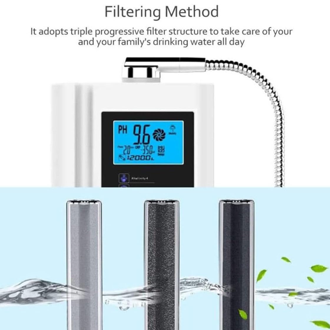 Ionizzatore d'acqua alcalina PH3.5-10.5 Generatore di idrogeno Purificatore Macchina LCD da 3,8 pollici Filtro per acqua potabile acida alcalina domestica, con 8000 litri per filtro,Silver