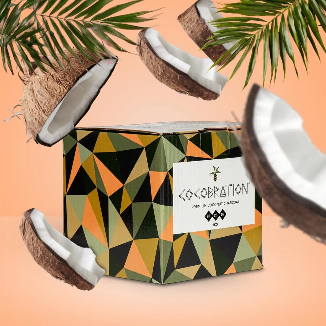 Cocobration Premium Shisha Kohle Kokoskohle Naturkohle Kokosnuss und BBQ Kokos Coal Briketts für Wasserpfeife & Grill Würfel Kohlen & Grillkohle mit Langer Brenndauer (26er, 20kg)