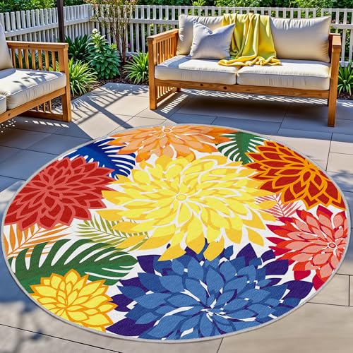 Colorful 6FT Outdoor Round Area Rug Washable Rugs Multicolored Patio Rug Tropical Botanical Floral Chenille Waterproof Outdoor Carpet for RV Pool Deck Backyard Porch Rainbow