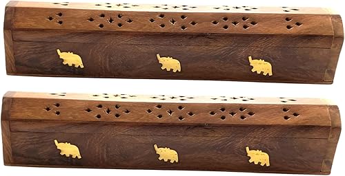 Vista 45 de Paquete de 2 quemadores de incienso de madera tipo ataúd - Incrustaciones de latón de 12 pulgadas - Compartimento de almacenamiento (Buddha)