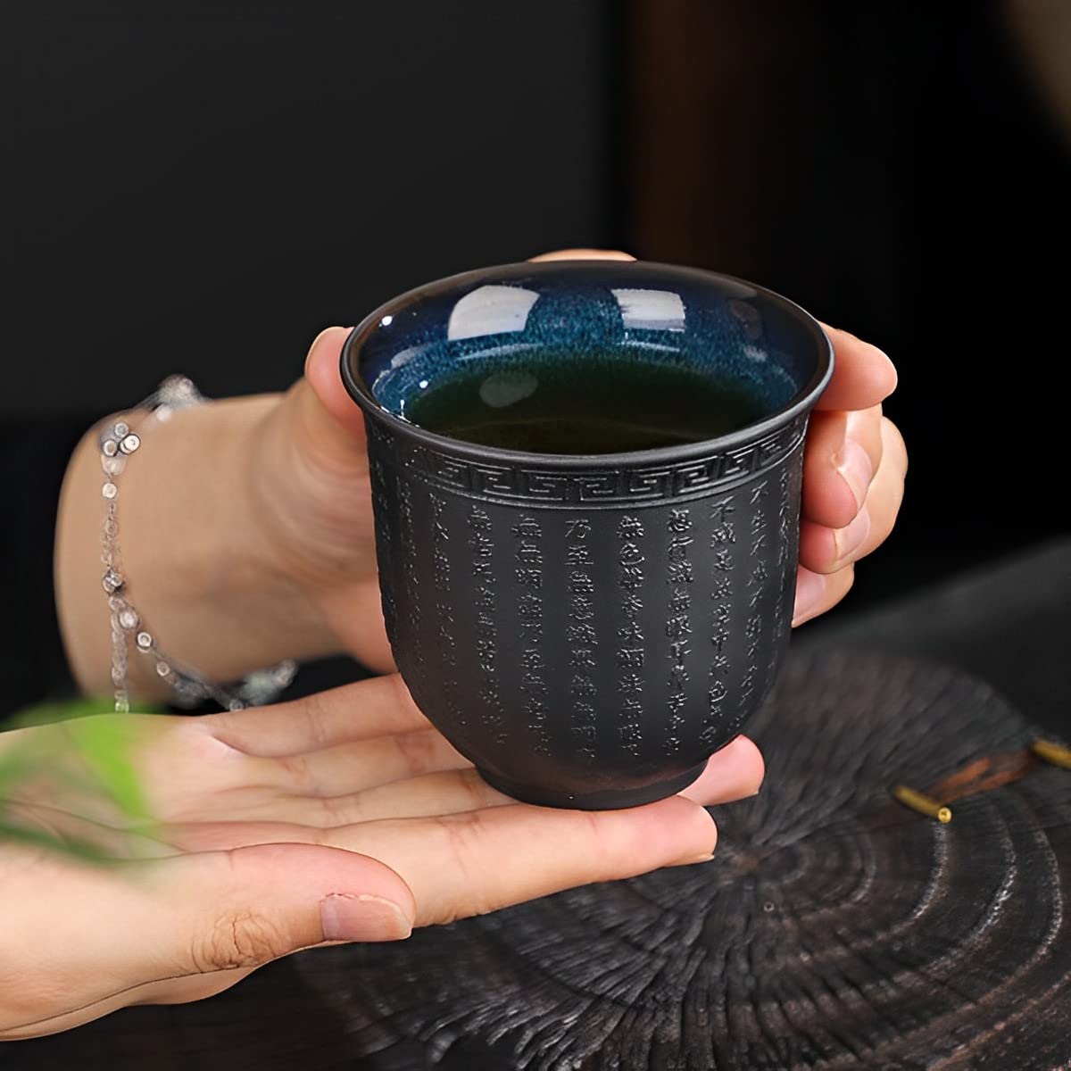 Japanische Teetasse 4er Set, Chinesische Keramik Becher Ohne Henkel, Buddhistische Herz-Sutra-Muster Kleine Tasse,160ML,Spülmaschinenfest