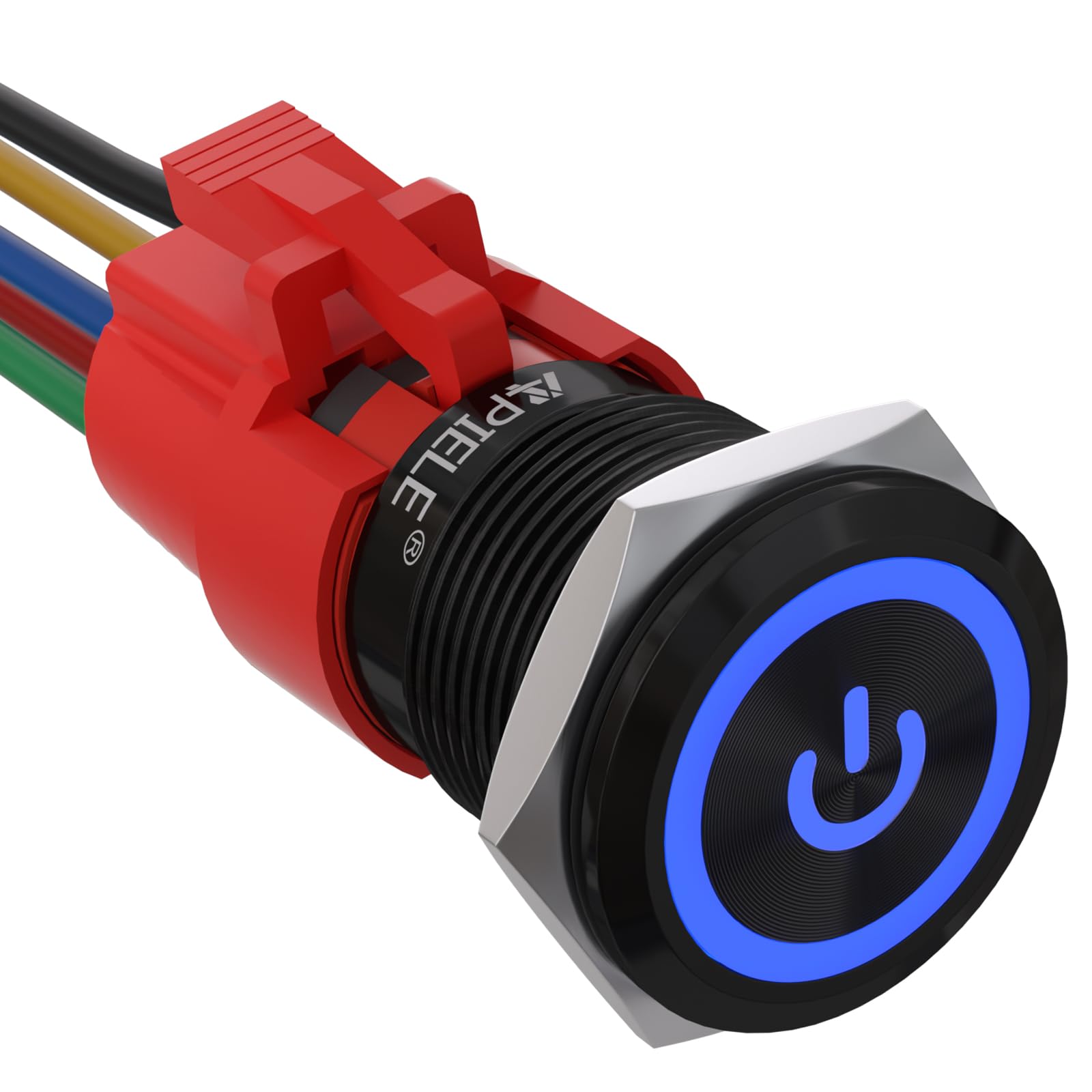 APIELE 19mm Latching Push Button Switch 3/4" 12V DC Black Shell Power Symbol LED with Socket Plug 1NO1NC SPDT ON/Off (Blue/Black Shell)