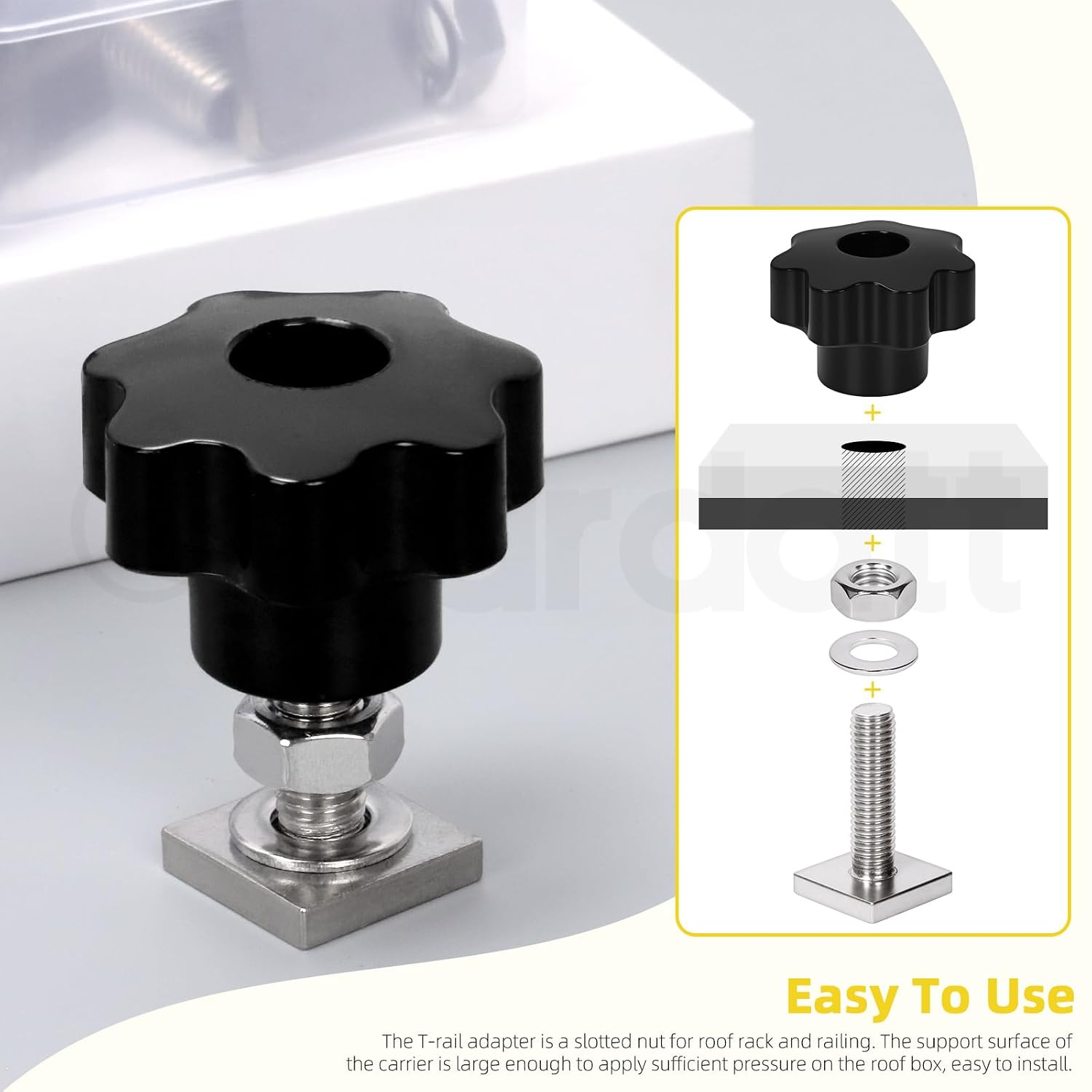 6-Pack M8 T Track Bolt and Star Knob Kit, Stainless Steel Roof Rack Bolts with Star Knobs, Hex Nu and Washers for Rail Carrier Rail Bracket Roof Box