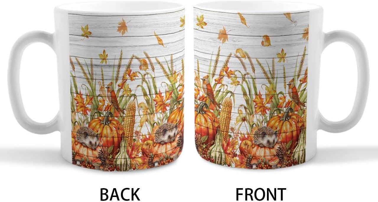 BEMIGO Ceramic Coffee Mug Autumn Harvest Wheat Ceramic Mug White Cup, Fall Animal Insulated Coffee Cup with Handle with Pattern Perfect for Tea and Hot Beverages, 12oz