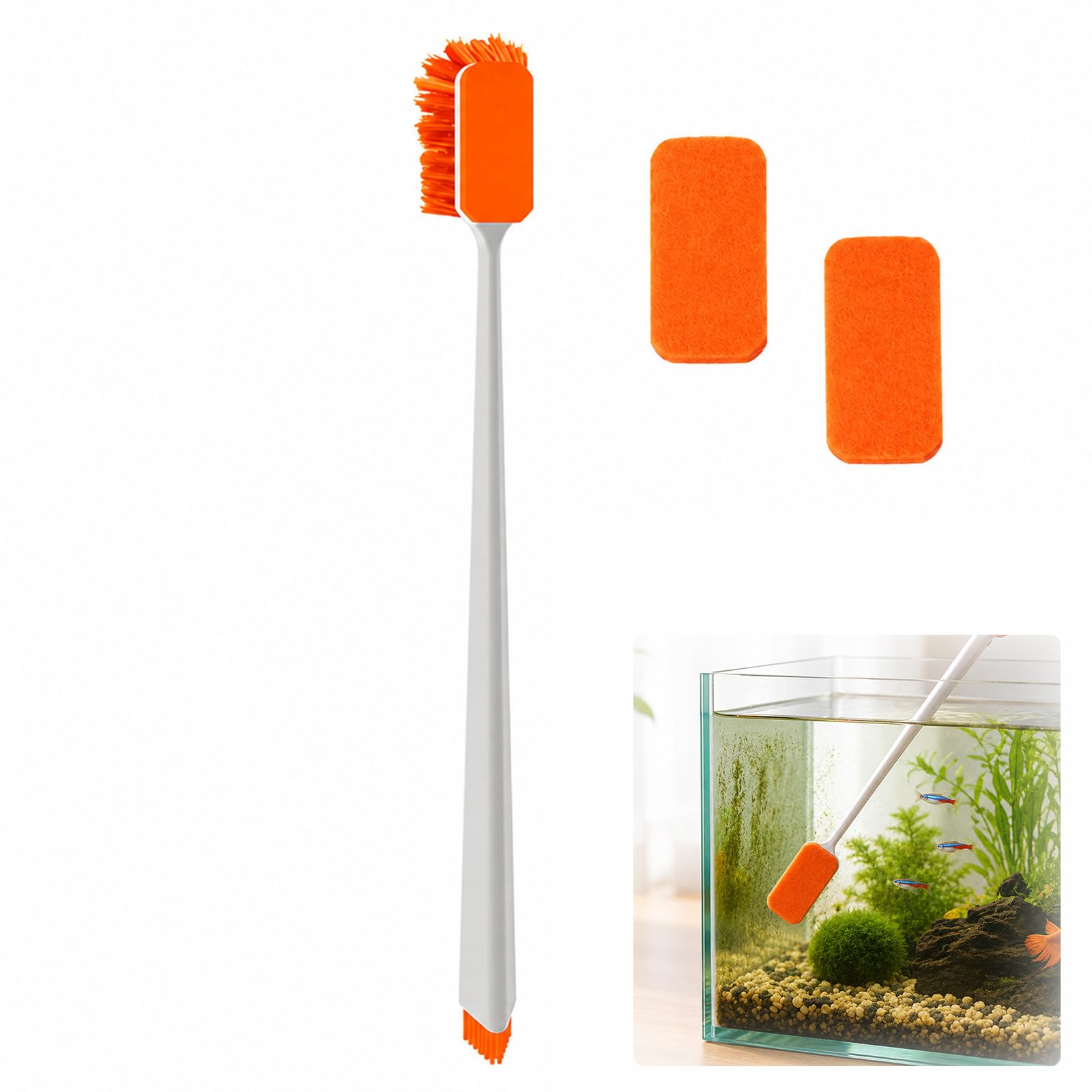 Tinminx Small Fish Tank Cleaning Brush, Aquarium Algae Cleaning Tool with 2 Replacement Pads for Glass and Acrylic Tanks, Orange