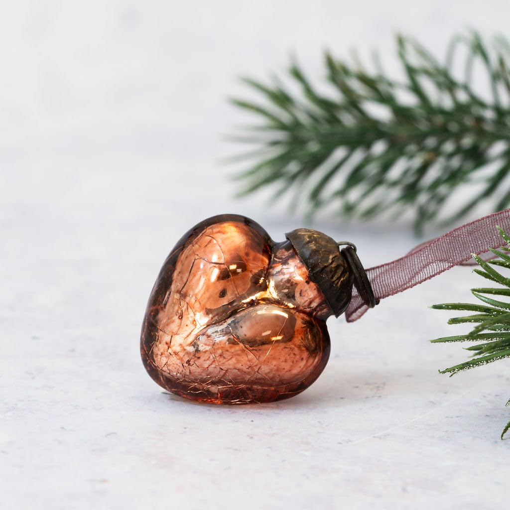 Arthur Cameron – Set of 6 Small 1" Crackle Glass Heart Baubles – Hand-Blown Christmas Baubles Perfect for Mini Christmas Tree Decorations & Rustic Xmas Decorations (Russet)