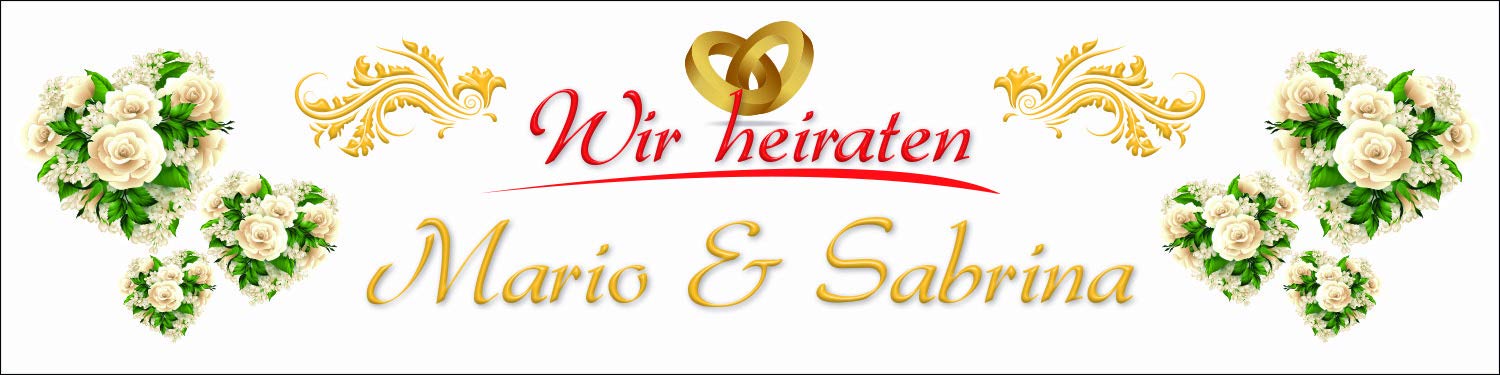 Hochzeitsbanner Motiv 1 mit Ösen 4000 x 1000 mm | PVC 510 g/m², B1 schwer entflammbar, brillanter CMYK-Digitaldruck, rundum geöst, wetterfest, Made in Germany