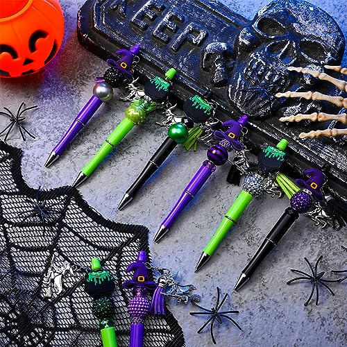 Jutom 12 Pcs Halloween Beadable Pens with Focal Silicone Beads Witch Cauldron Purple Green Bead Crafting DIY Making Pens Kit for Office School Christmas Holiday Gift Bulk