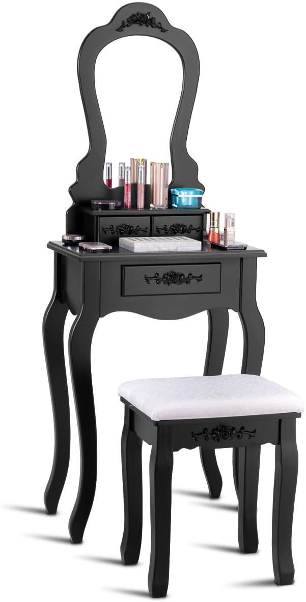 Casart Bathroom Vanity Wood Makeup Dressing Table Stool Set with Mirror (White)
