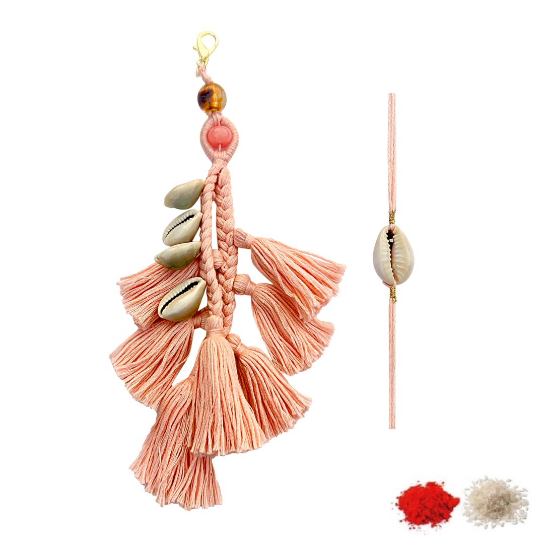 fure Tasseled Cowrie Shell Lumba/Bag Hanging & Rakhi Set (Pink) for Women & Men-picture-37